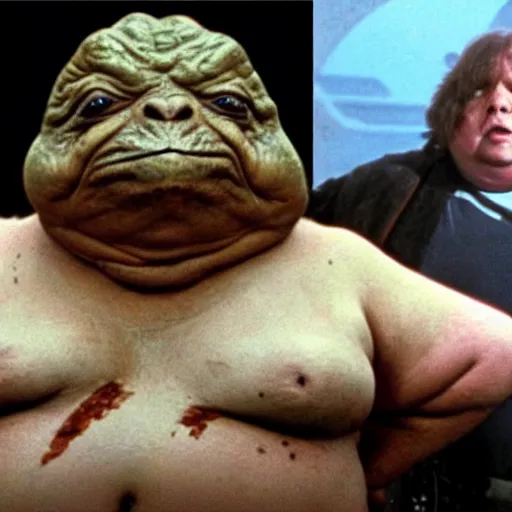 Prompt: photo of alex jones as jabba the hutt, return of the jedi, greasy, slimy, ooze, sweaty, star wars film look