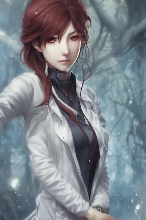 Image similar to highly detailed portrait of makise kurisu from steins gate, labcoat, fantasy art by artgerm, tom bagshaw, charlie bowater, detailed and intricate environment, trending on artstation