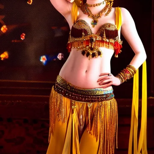 Image similar to a beautiful portrait of emma stone as a belly dancer, arabian night, high quality, fully detailed, 4 k