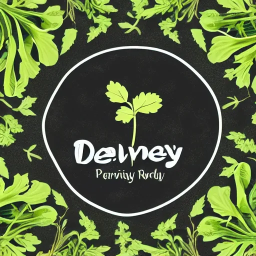 Prompt: Logo for lunch delivery, parsley branches in the background, natural food. Circle shaped, pastel colours. tranding on behance, vector art, innovative design, wining-Awards, hd