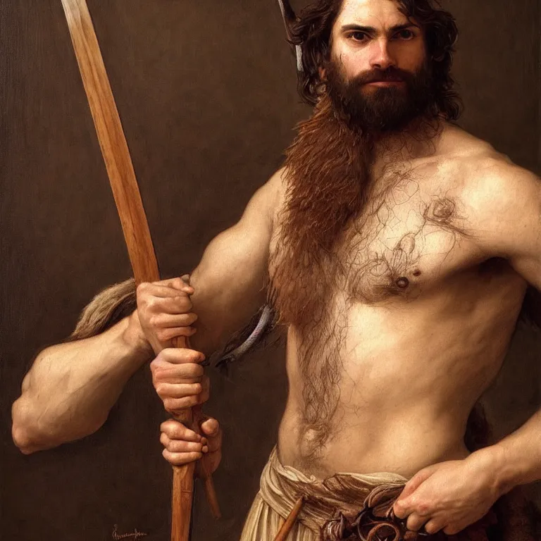 Image similar to renaissance painting full body portrait of a gruff ranger with a spear, lean and toned, handsome face, hairy chest and hairy body, D&D, intricate, elegant, highly detailed, digital painting, artstation, concept art, matte, sharp focus, chiaroscuro, well list, illustration, art by Artgerm and Greg Rutkowski and Alphonse Mucha