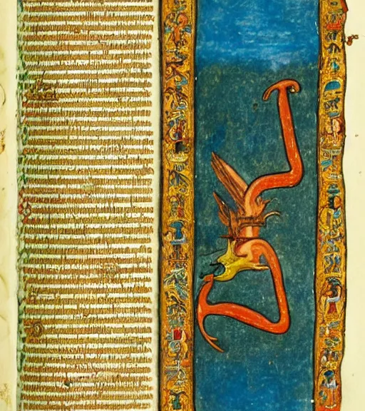 Image similar to illustrated page from codex seraphinus, surrealist illuminated manuscript