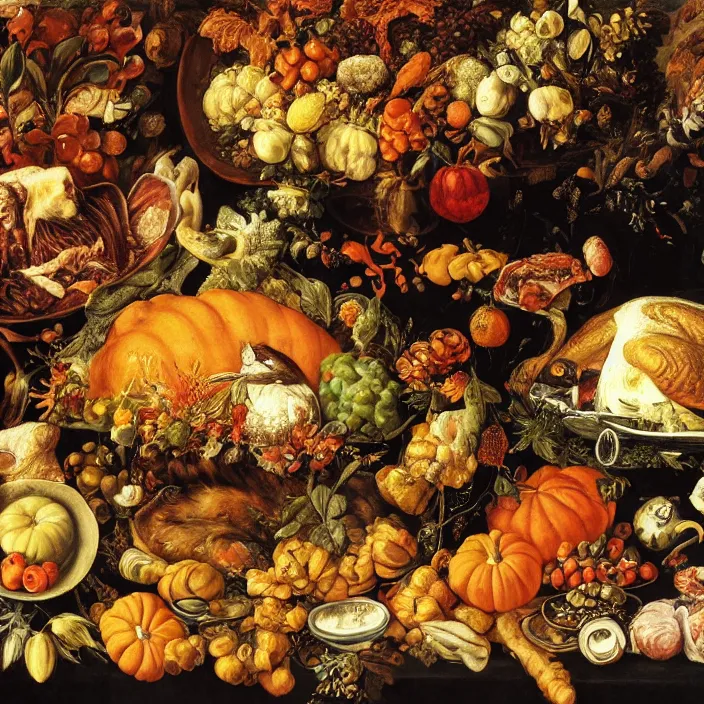 Image similar to victorian thanksgiving feast, cornucopia, black background, vanitas, a still life by giuseppe arcimboldo, a flemish baroque by jan davidsz. de heem, intricate high detail masterpiece