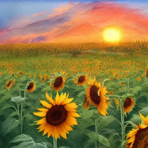 Image similar to Bedsheet Ghost in a field of sunflowers, sunset, Watercolor, photorealistic, high resolution, award winning, trending on artstation