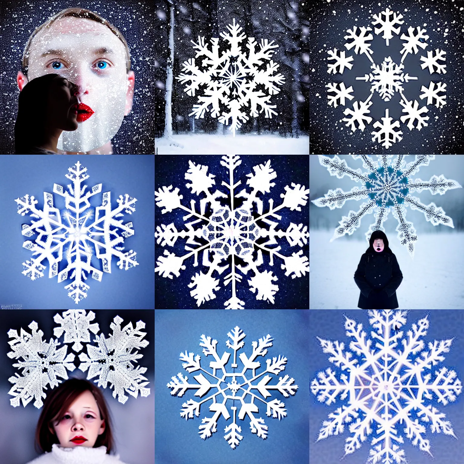 Prompt: surreal photography snowflakes with tiny faces