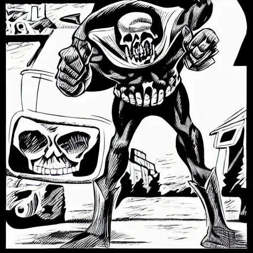 Image similar to a black and white detailed comic cartoon drawing in the style of jack kirby, joe kubert, alex toth, of the skeleton of death giving a thumbs up and smiling, trending on artstation, 4 k