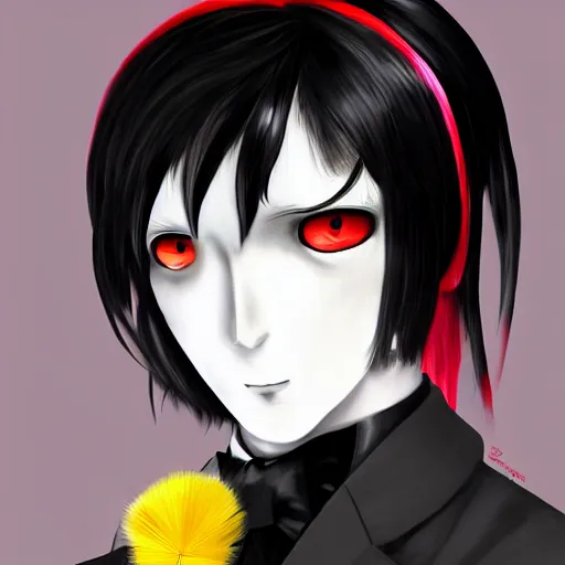 Image similar to full face shot of a butler with straight black hair and a red streak, long bangs, with black eyes, yellow pupils, creepy smile, alert, fancy bridegroom, ultra detailed, brush strokes, digital painting, cinematic, wlop artstation, pixiv, intimidating, deep darks, glare, evil, yoshitaka amano, junji ito,