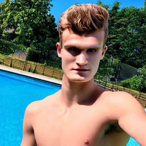 Image similar to a realistic detailed photo of a guy who is an attractive humanoid who is half robot and half humanoid, who is a male android, soccer players martin ødegaard & timo werner, shiny skin, posing like a statue, blank stare, by the pool, on display, showing off his muscles