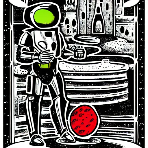 Prompt: pop - wonder - nft alien - meat half - tone - art of mandolorian the goopy - muck and slithering about the castle side delights on a melted cheesy day in a hand - drawn vector, svg, cult - classic - comic - style