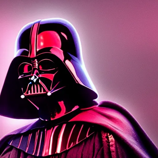 Image similar to darth vader in pink outfit, photoreal, still frame, cinematic