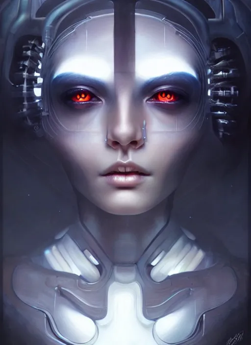 Image similar to a hauntingly beautiful cybernetic woman, painted by artgerm and tom bagshaw, fantasy art, dramatic lighting, highly detailed oil painting