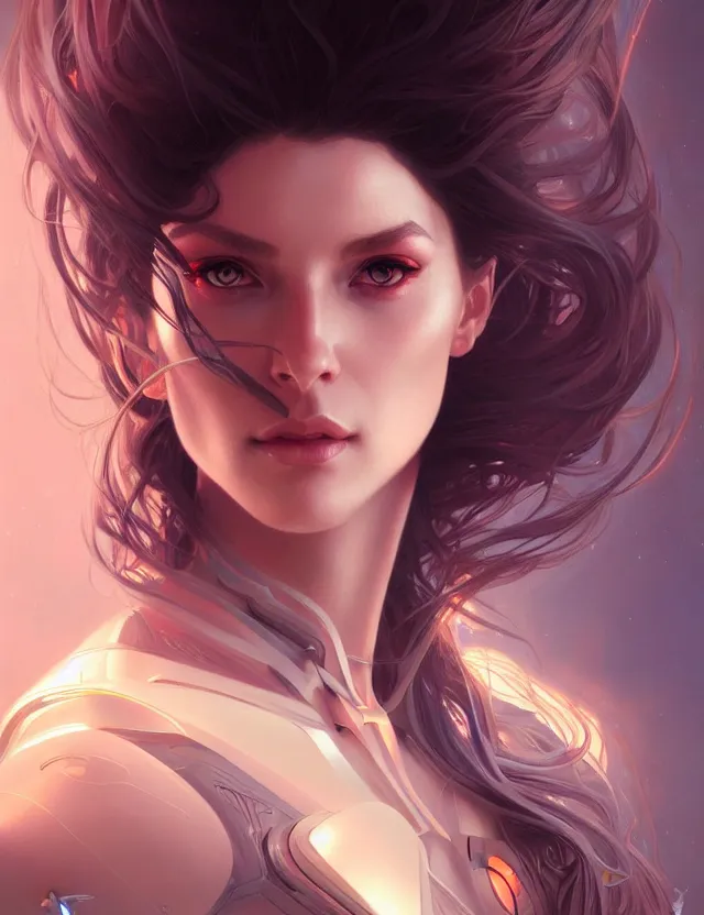 Image similar to futuristic woman portrait, sci-fi, amber eyes, face, long hair, fantasy, intricate, elegant, highly detailed, digital painting, artstation, concept art, smooth, sharp focus, illustration, art by artgerm and greg rutkowski and alphonse mucha