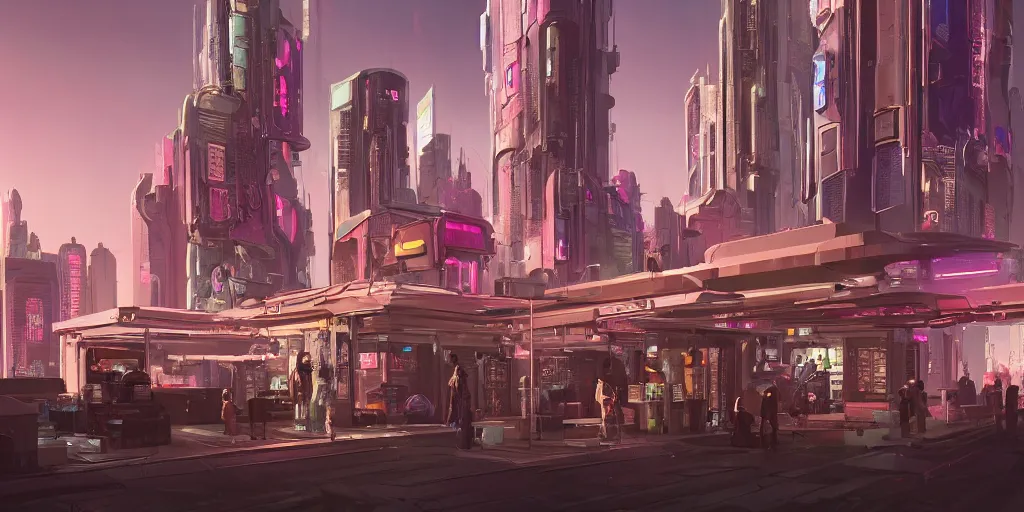 Prompt: an awesome and stunning cyberpunk future bio coffee station storefront bridging two dark epic towers, 4k, octane render, concept art, sharp detail, by josan gonzalez, bladerunner, moebius, syd mead