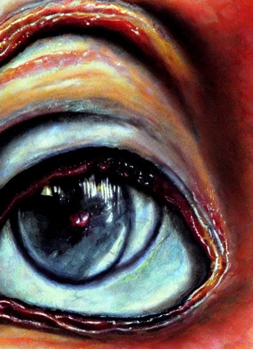 Image similar to portrait of a stunningly beautiful eye, multiplied, bacon