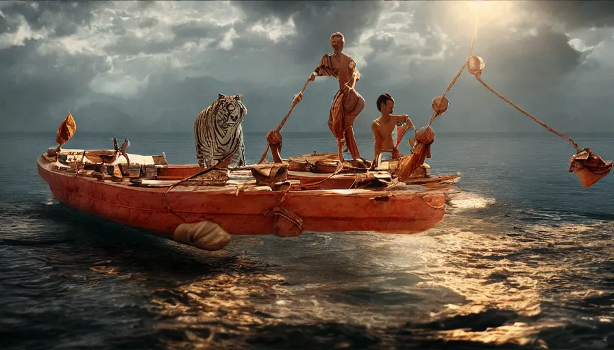 Image similar to a robot tiger in the boat in life of pi movie, realistic detailed digital art by maxwell boas jessica rossier christian dimitrov anton fadeev trending on artstation cgsociety rendered in unreal engine 4 k hq