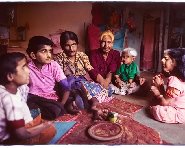 Prompt: A grandma telling stories to kids in an Indian suburban home, Photograph by Andrei Tarkovsky, shot on a large format film camera, 8K