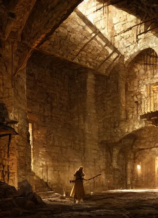 Prompt: a prisoner woman, detailed interior of medieval dungeon, epic atmosphere, by greg rutkowski, nature by asher brown durand