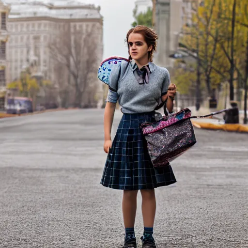 Image similar to photo of cute emma watson as schoolgirl, holding mesh bag with bagels, street of moscow, shallow depth of field, cinematic, 8 0 mm, f 1. 8