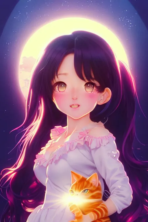 Image similar to bubbly lovely hopefully magical girl flying to the sun set with her kitty, occlusion shadow, specular reflection, rim light, unreal engine, artgerm, artstation, art by hiroaki samura and ilya kuvshinov and ossdraws, high quality, intricate detailed 8 k, fantasy illustration, extremely beautiful and aesthetic shape of face and body, movie poster