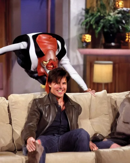 Image similar to tom cruise, dressed as maverick, jumps on oprah's couch during an episode of the oprah winfrey show while wearing a jet pack, hyperreal