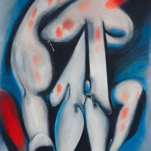 Prompt: Oil painting by Roberto Matta. Two mechanical gods kissing. Oil painting by Marlene Dumas.