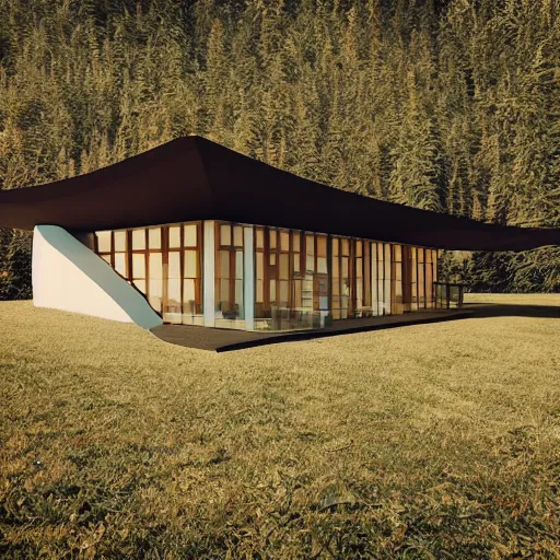 Image similar to wes anderson style modern futuristic house near the lake and forest, cinematic, realism, photo, hd