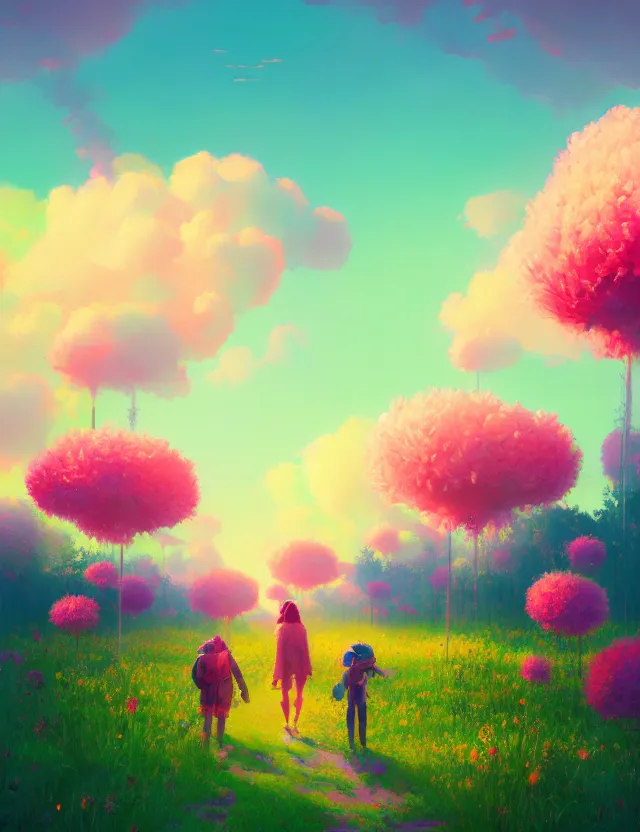 Image similar to a walk among giant flowers, surreal photography, sunrise, bright light, impressionist painting, colorful clouds, digital painting, artstation, simon stalenhag