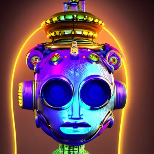 Prompt: a claymodel of a steampunk rococo spaced out futuristic robot head wearing multicolored tubes, 8 k, front view, symetrical, flourescent colors, halluzinogenic, multicolored, exaggerated detailed, front shot, 3 d render, octane