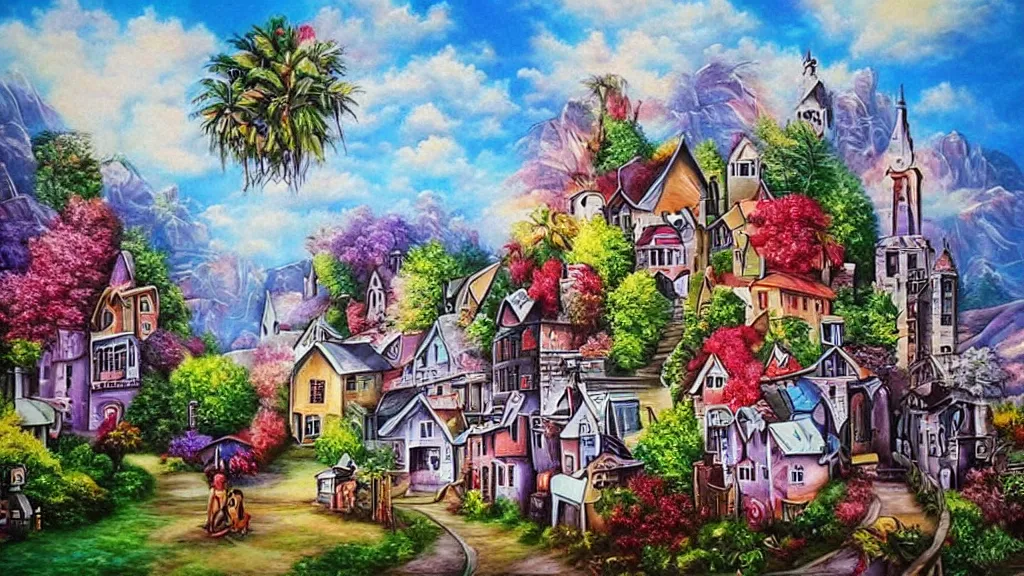 Image similar to airbrush art derivative the very crispest, neatest village