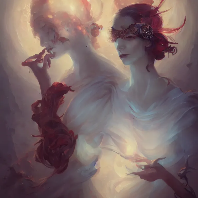 Prompt: portrait beautiful women blindfold, peter mohrbacher, kelly mckernan, epic scene, 4 k, fantasy, colorful, highly detailed, video game