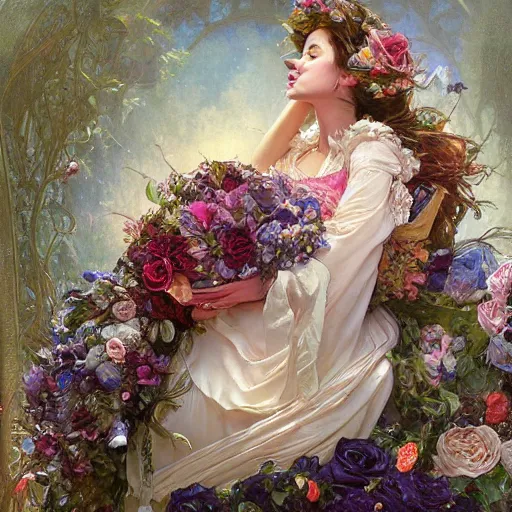 Image similar to an elaborate coffin with a mysterious sleeping beauty holding a large bouquet of flowing flowers, hands hidden under the bouquet, side view, fantasy, regal, intricate, by stanley artgerm lau, greg rutkowski, thomas kindkade, alphonse mucha, loish, norman rockwell