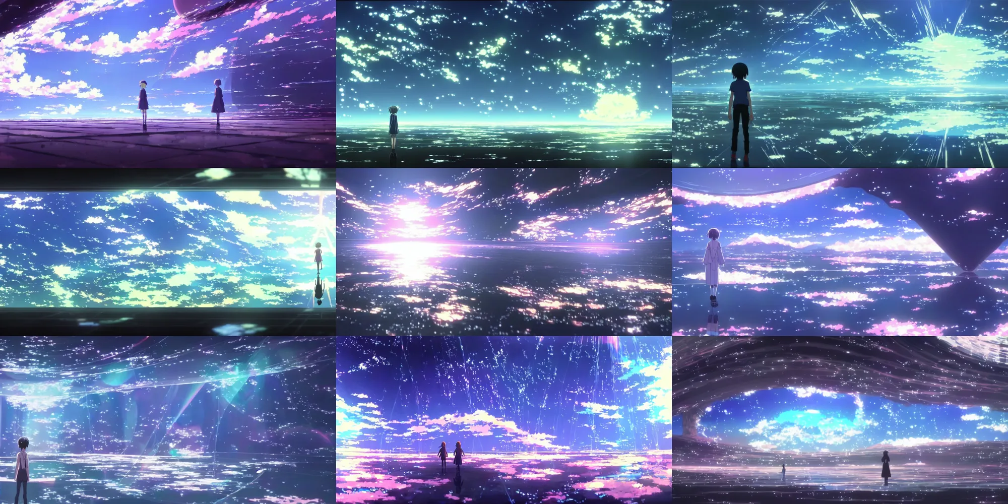 Prompt: a painting of inside the glass refractive prism of dreams ; a beyond - dimensional fantasy world, in a screenshot from the science fiction anime film by makoto shinkai