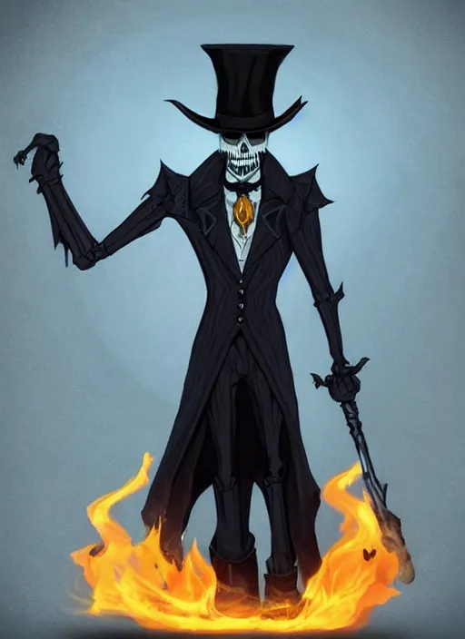 Image similar to DND character concept, skeletal male figure, wearing a deep black suit!!! and tie and top hat, holding a gold! cane!. Surrounded by light blue!!! flames!!