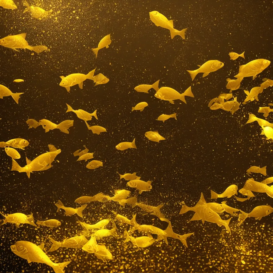 Image similar to a desolate golden glowing fish! swims in magical water with caustics and volumetric lighting, photorealistic painting