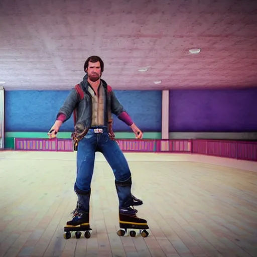 Prompt: arthur morgan roller skating in a 1980s roller rink, accurate proportions, high detail