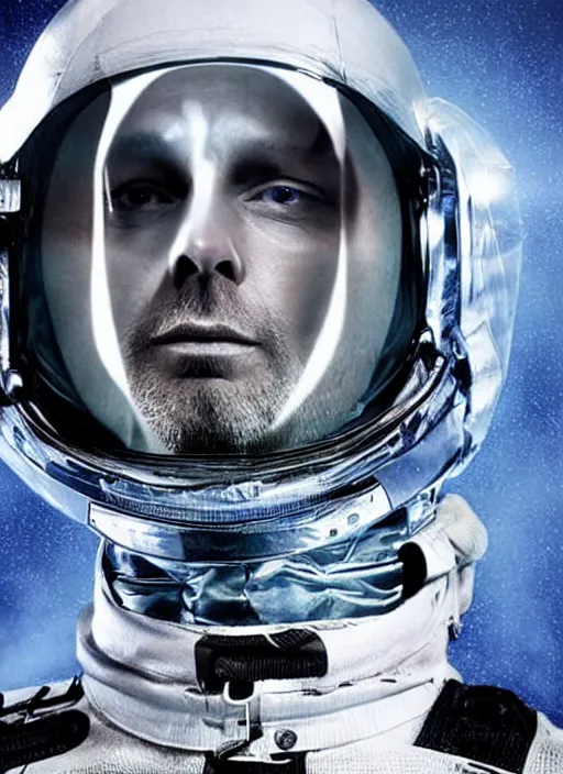 Image similar to calm thom yorke singer songwriter frontman, in spacesuit filling up with water, ultrafine detail, hyper realistic face, beautiful blue eyes, black spherical pupils, eyes reflecting into eyes reflecting into infinity, eyes reflecting into eyes reflecting into infinity