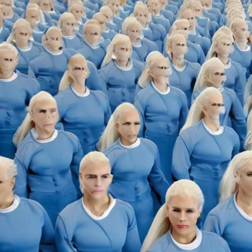 Image similar to army of identical athletic female clones in formation, white hair, tight light blue neopren suits, in rows, futuristic chemistry lab, sci - fi, highly detailed, cinematic