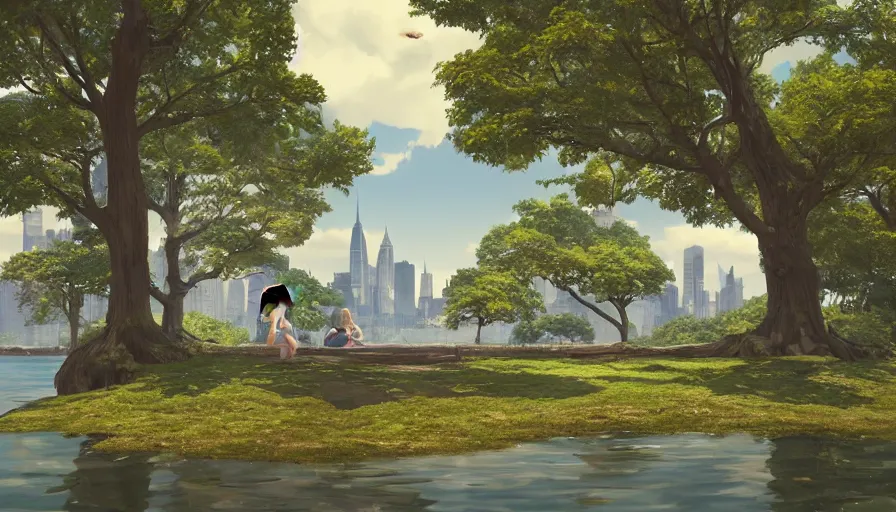 Image similar to new york city with a lake, beautiful ancient trees, hiding large treasure chest, serene evening atmosphere, soft lens, soft light, cel - shading, animation, in the style of cgsociety, deviantart, artstation, zbrush, cinema 4 d, studio ghibli, akihiko yoshida, atelier lulua, masamune shirow