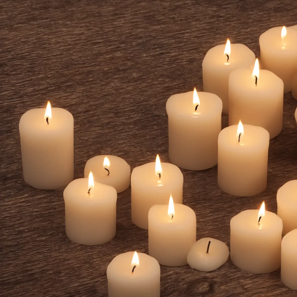 Image similar to close - up view of candles on top of a wooden table, 8 k, high detail, photorealistic, proper shading, gorgeous view