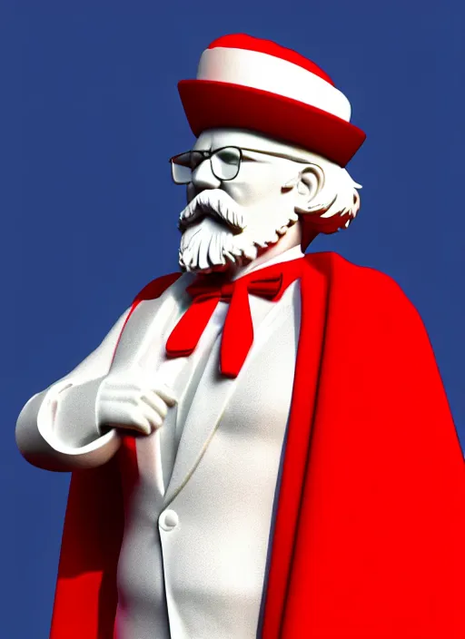 Prompt: colonel sanders as marble statue, in red background, soft red texture, red realistic 3 d render, high red lights, 4 k, high detailed photography cape, 5 0 mm lens, rich blue colors, smooth gradients, depth of field, cinematic