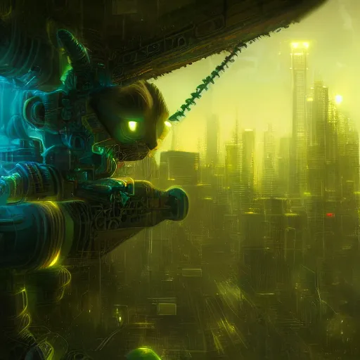 Image similar to moody atmospheric render of a cyborg cat with a chartreuse and teal color scheme by leon tukker