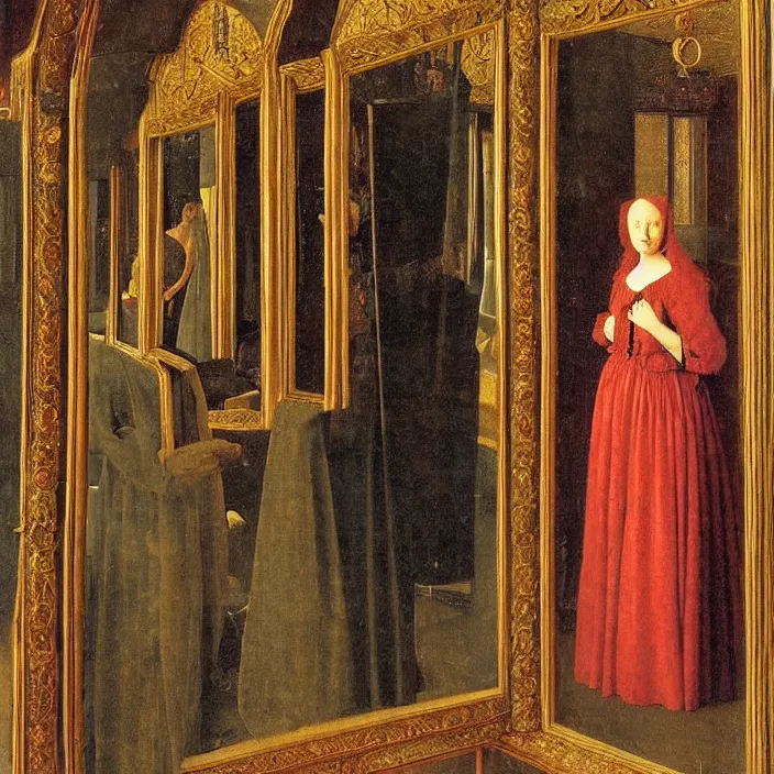 Image similar to a beautiful woman in a hall of mirrors, by Jan van Eyck