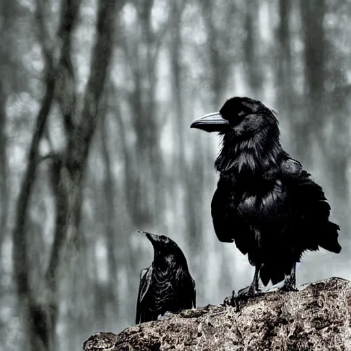 Image similar to mixture between an! crow and wolf, photograph captured in a dark forest, realistic