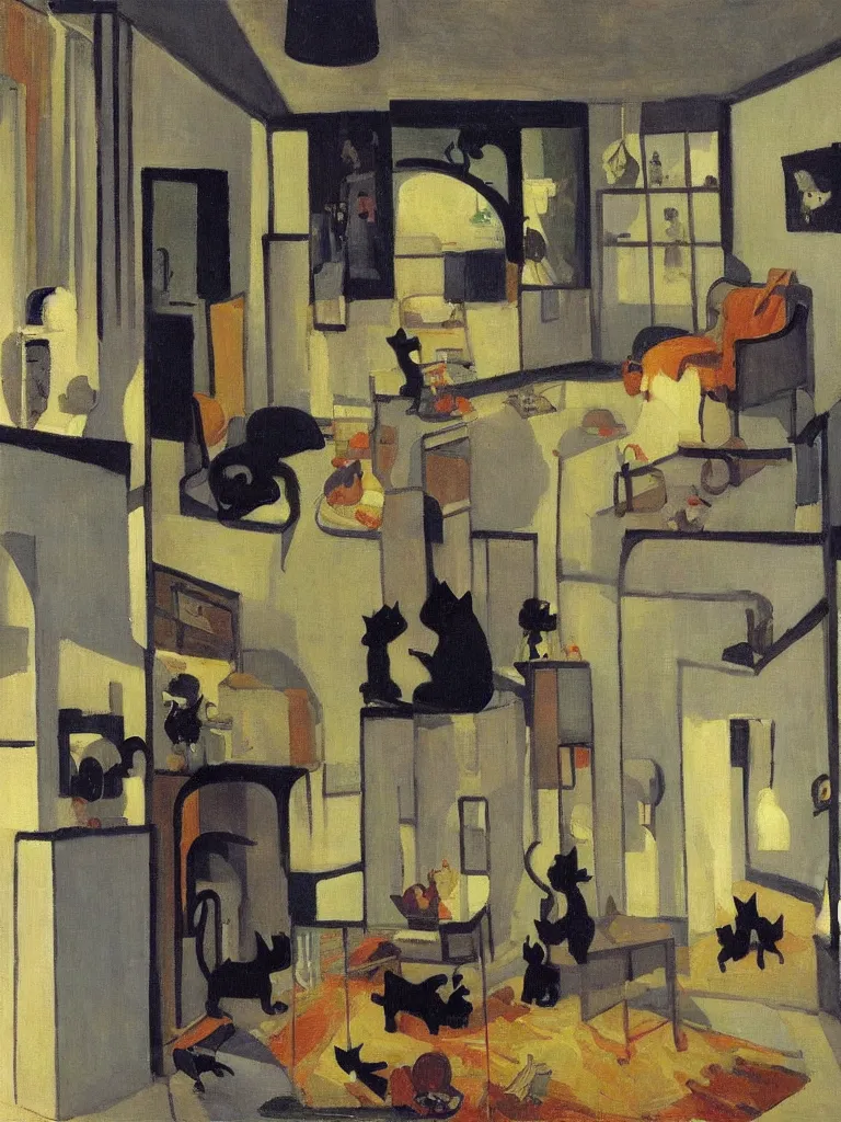 Image similar to cats travel around the apartment in a surreal home, by robert antoine pinchon, in the style of edwige fouvry, dark surrealism, open ceiling