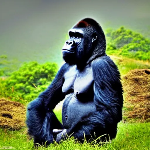 Prompt: a gorilla doing meditation in a mystical landscape, beautiful, misty