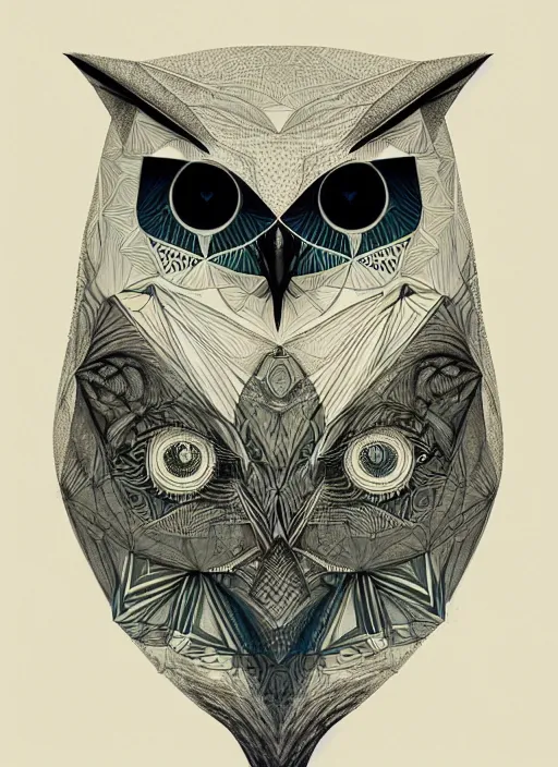 Image similar to portrait of a geometric owl, identical eyes, medium shot, illustration, full body made of white feathers, symmetrical, art stand, super detailed, cinematic lighting, and its detailed and intricate, gorgeous, by peter mohrbacher