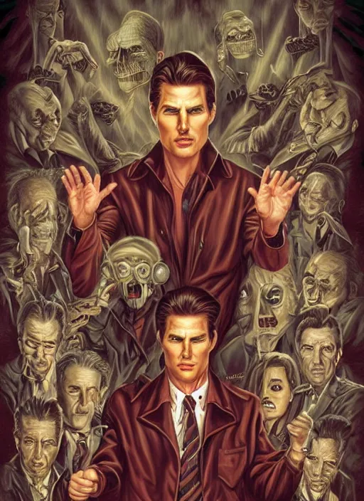 Image similar to evil beings are puppetmasters, pull the strings into the mind of tom cruise, they reach into his mind, twin peaks poster art, from scene from twin peaks, by michael whelan, artgerm, retro, nostalgic, old fashioned