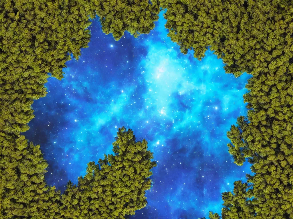 Prompt: nebula above a clear blue lake in the middle of an evergreen forest