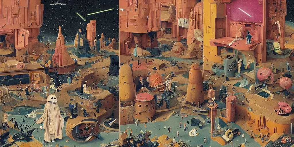 Prompt: a colorful scene from Star Wars, detailed illustration, character design, intricate, by Wes Anderson, hieronymus bosch and Moebius