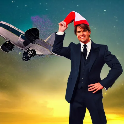 Prompt: tom cruise in costume with a christmas hat. tropical forest and a plane crashing in the background. sunset lighting.